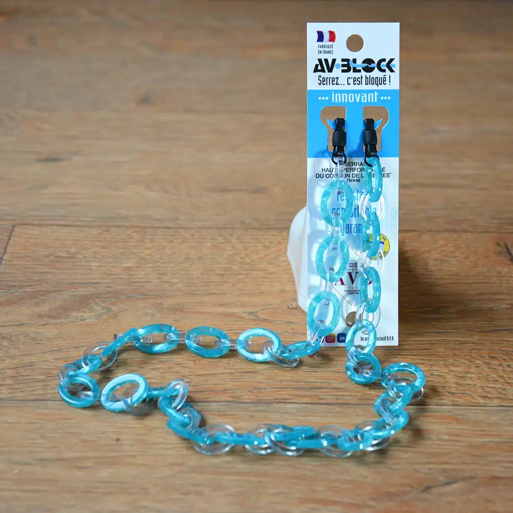 Chaine de lunettes Acétate. Fixation AVBlock. coloris Lagon