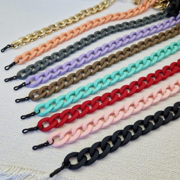 Chaine de lunettes Grands maillons Acrylique système de fixation incassables; 9 coloris au choix