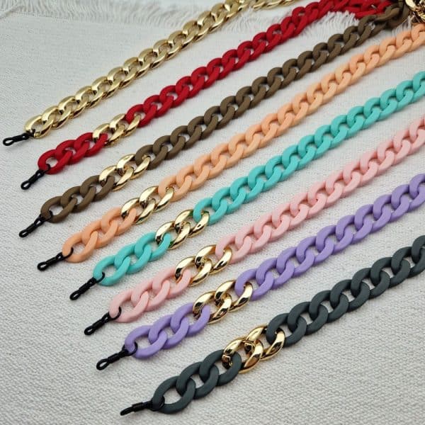 Chaine de lunettes Grands maillons Acrylique couleur et doré. Système de fixation incassables. 8 coloris au choix