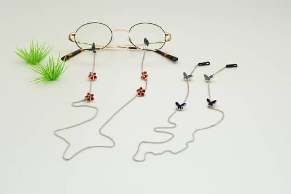 Cordon à lunettes : Chaine de lunettes métal palladium ou doré motif fleur ou papillon - coloris assortis