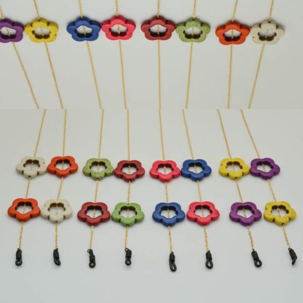 Chaine à lunettes Fleur Howlite couleur et chaine métal doré à l'or fin