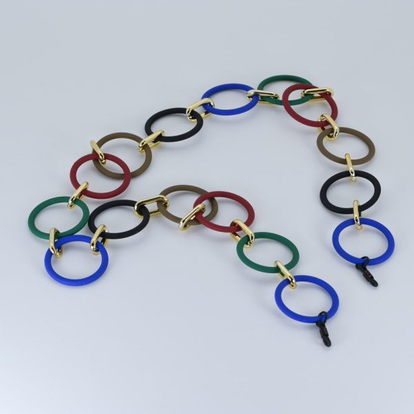 Chaine acrylique mailles rondes 3,5 cm multicolores et mailles rectangles dorés - fixation classique