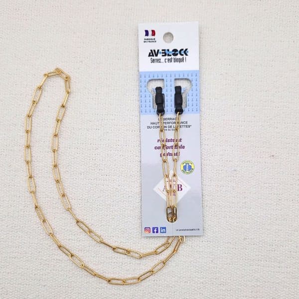 chaine de lunettes acier inoxydable doré grosse maille trombone. Fixation AVBlock sur les branches de lunettes
