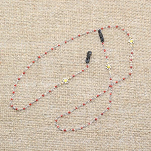 Chaine de lunette acier inoxydable motif émail coloris rouge motif marguerite. Système de fixation incassable classique