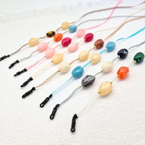 Cordon de lunettes léger Mousseline perles baroques colorées et perles argenté ou doré