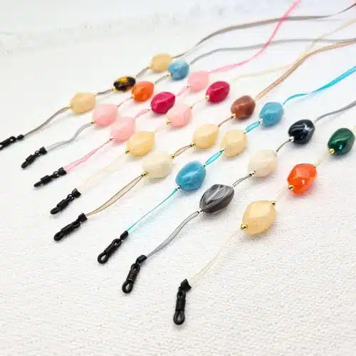 Cordon de lunettes léger Mousseline perles baroques colorées et perles argenté ou doré