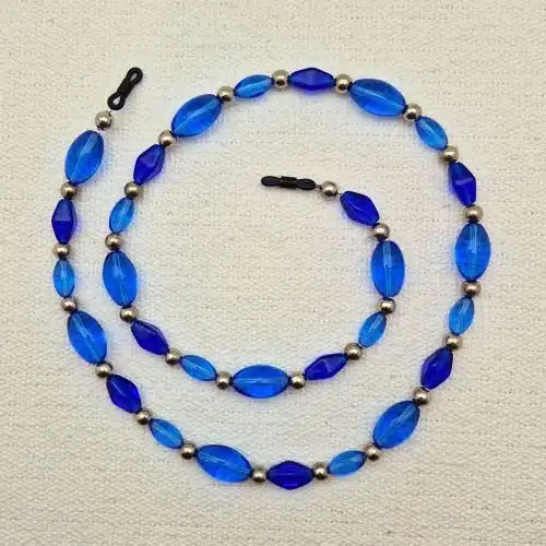 Chaine de lunettes femme OCÉAN; Chaine de lunettes perles de verres bleu lagon et perles ronde métal argenté